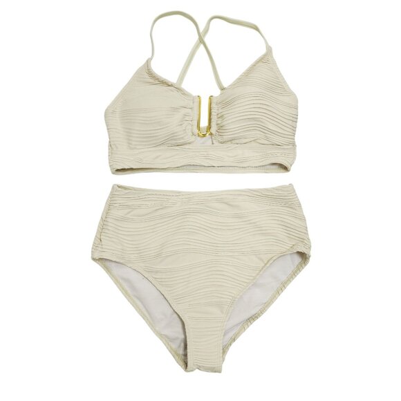 Two-Piece Beige Womens Textured Bikini Set High-Waisted Strappy Top Size M - Picture 1 of 5